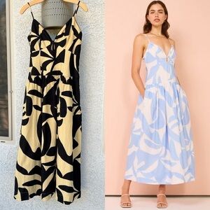 NWT Mon Renn Surreal Strappy Printed Midi Maxi Dress Medium Black Cream Cocktail